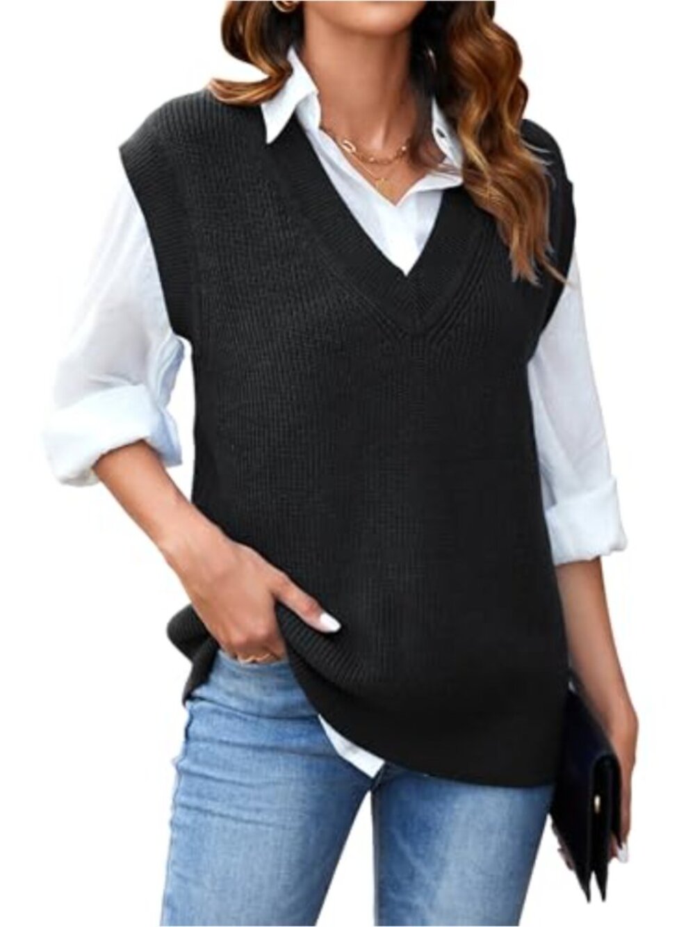 Womens Oversized V Neck Sleeveless Knit Sweater Vest Business Casual